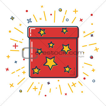 Shining gift box icon with stars in flat style