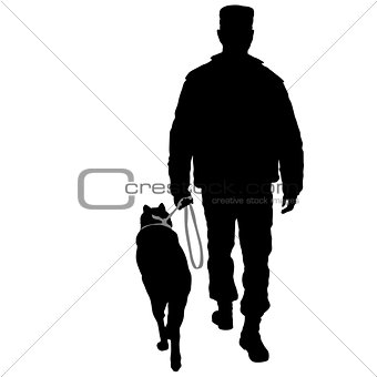 Silhouette of man and dog on a white background