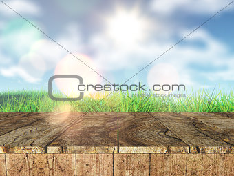 3D rustic wooden table looking out to a grassy landscape