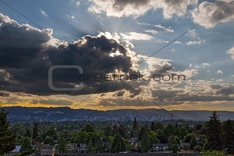 Afternoon Sun Rays over Portland Oregon Skyline
