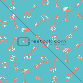 Copper keys on blue seamless vector pattern.