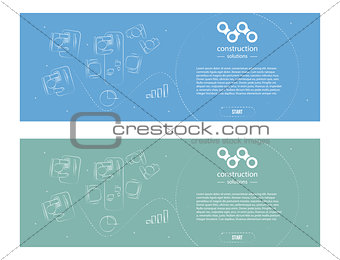 Set web banner in style business minimalism. Ready module for the landing page. Office top view on blue background.