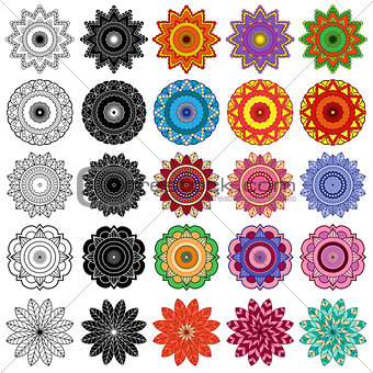 Set of black and color stylized flowers