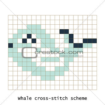 Cross-stitch pixel art butterfly whale animal vector set.