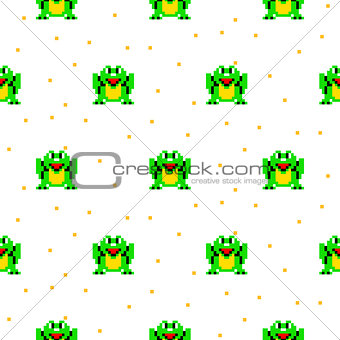 Green frog cartoon pixel art seamless pattern.