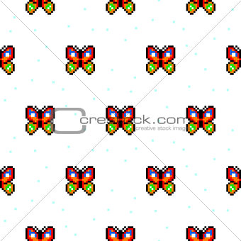 Bright butterfly cartoon pixel art seamless pattern.