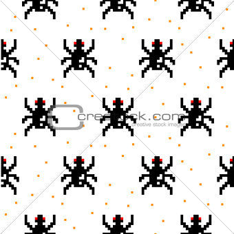 Black spider cartoon pixel art seamless pattern.