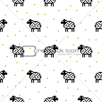 Sheep black and white cartoon pixel art seamless pattern.