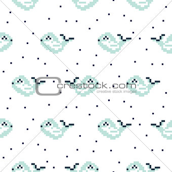 Light blue whale cartoon pixel art seamless pattern.