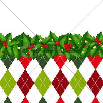 Xmas Border With Holly Berry And Tartan Background