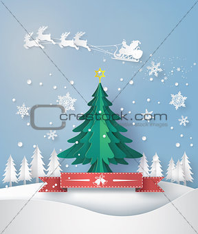 Merry Christmas greeting card with origami made Christmas tree.