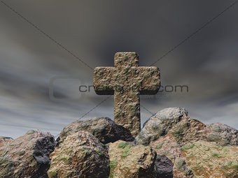 stone cross under cloudy sky - 3d illustration