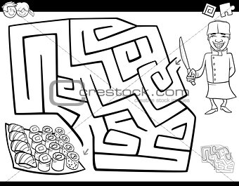 maze game coloring book with chef and sushi