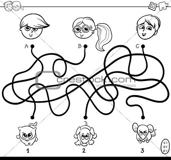 paths maze with kids and pets coloring book