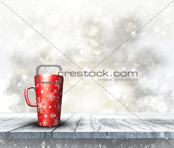 3D festive mug on wooden table with Christmas background