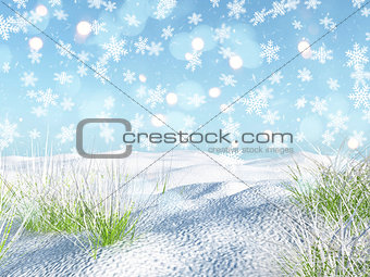 3D snowy landscape with falling snowflakes