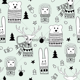 Vector Seamlee Christmas Pattern with Doodle Animals