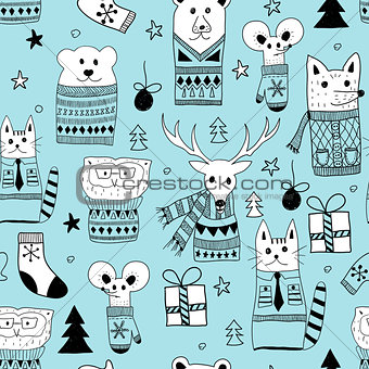 Vector Seamless Christmas Pattern with Doodle Animals
