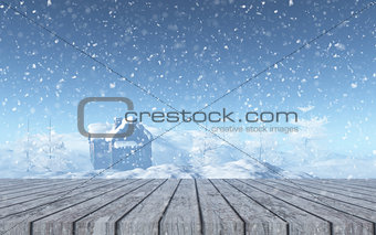 3D wooden table looking out to a snowy landscape