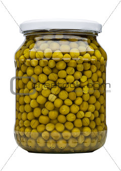 Glass jar of preserved peas isolated on white