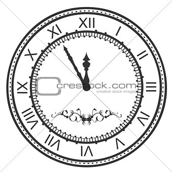 Round watch dial at five minutes to midnight. New Year Eve roman numerals