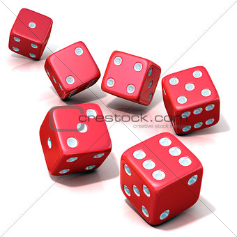 Six red game dices