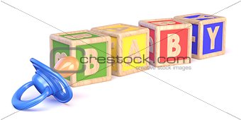 Word BABY made of wooden blocks toy and baby pacifier 3D