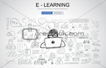 E Learning concept with Business Doodle design style: online for