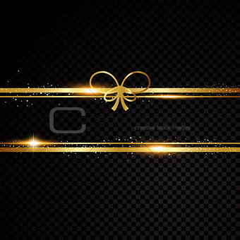 Two golden lines with bow and light effects. Isolated on black transparent background. Vector illustration