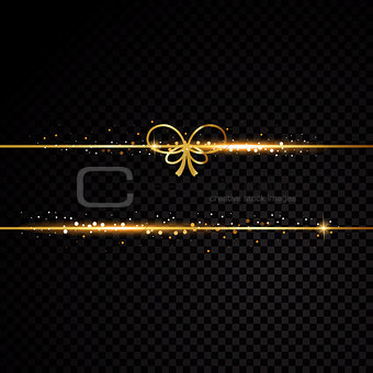 Two golden lines with bow and light effects. Isolated on black transparent background. Vector illustration
