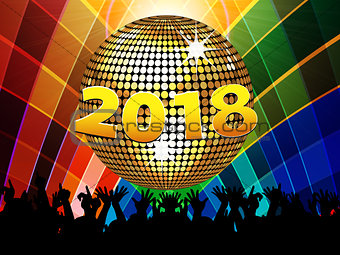 Twenty Eighteenth 2018 disco ball and crowd on multicoloured bac
