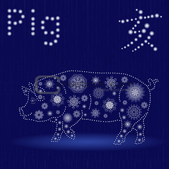Chinese Zodiac Sign Pig in blue winter motif