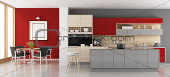 Red and gray modern kitchen