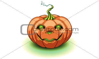 Halloween pumpkin with happy face on White background. Vector ca