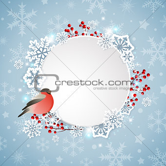 Bullfinch and white snowflakes