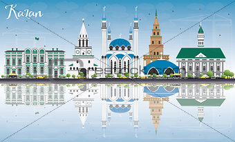 Kazan Skyline with Gray Buildings, Blue Sky and Reflections.