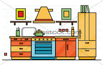 Kitchen Interior with Table, Stove and Fridge.