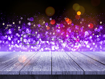 3D wooden table against Christmas background of bokeh lights and