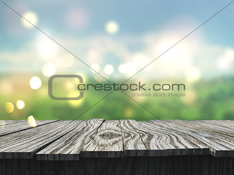 3D wooden table looking out to a defocussed landscape