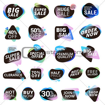 Set of stickers and discount tags for sale, product promotion, special offer, shopping