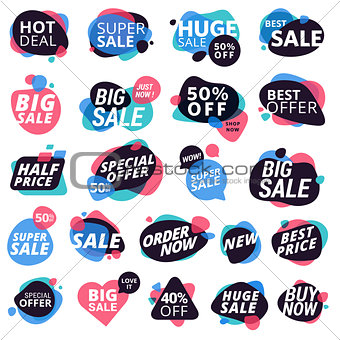 Set of colorful eye-catching stickers and badges, product promotion, special offer, shopping