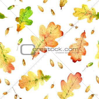 Watercolor fallen oak leaves hand drawn seamless pattern