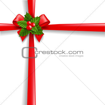 Christmas Ribbon Bow With Holly Berry And White Background