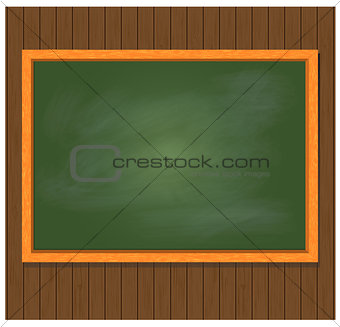 Green board on brown wooden background. Vector illustration