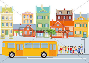 Hilarious schoolchildren in front of the school bus