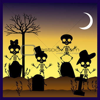 silhouettes of skulls in graveyard