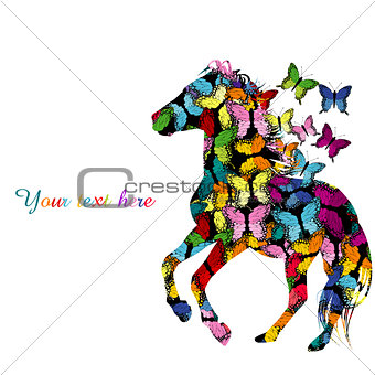 Colorful illustration with patterned horse and butterflies