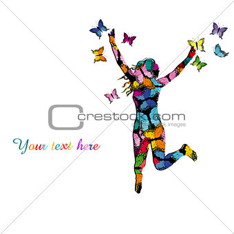 Collorful illustration with silhouette of girl jumping and color