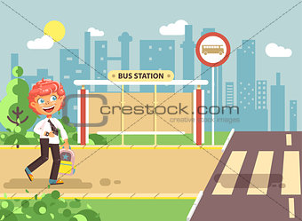 Vector illustration cartoon characters child, observance traffic rules, lonely redhead boy schoolchild, pupil go to road pedestrian crossing on bus stop background, back to school in flat style