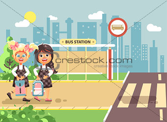 Vector illustration cartoon characters children, traffic rules, two blonde and brunette girls schoolchildren, pupils go to road pedestrian crossing, bus stop background back to school flat style